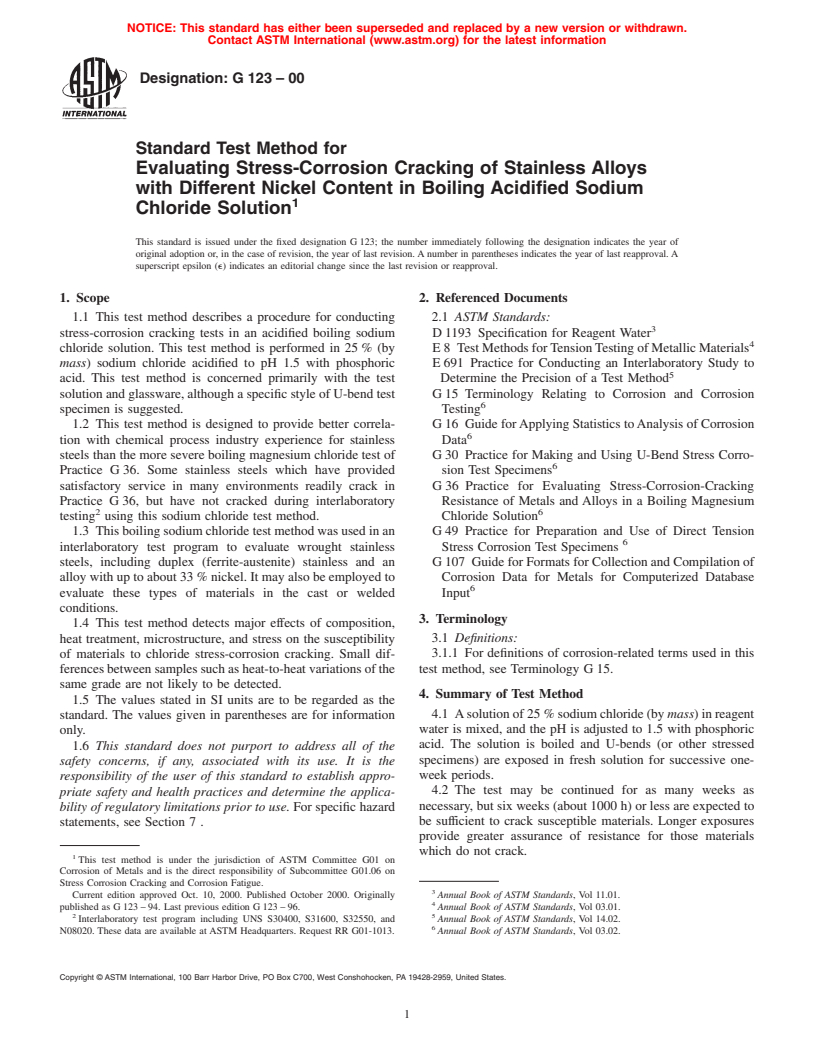 ASTM G123-00 - Standard Test Method for Evaluating Stress-Corrosion Cracking of Stainless Alloys with Different Nickel Content in Boiling Acidified Sodium Chloride Solution