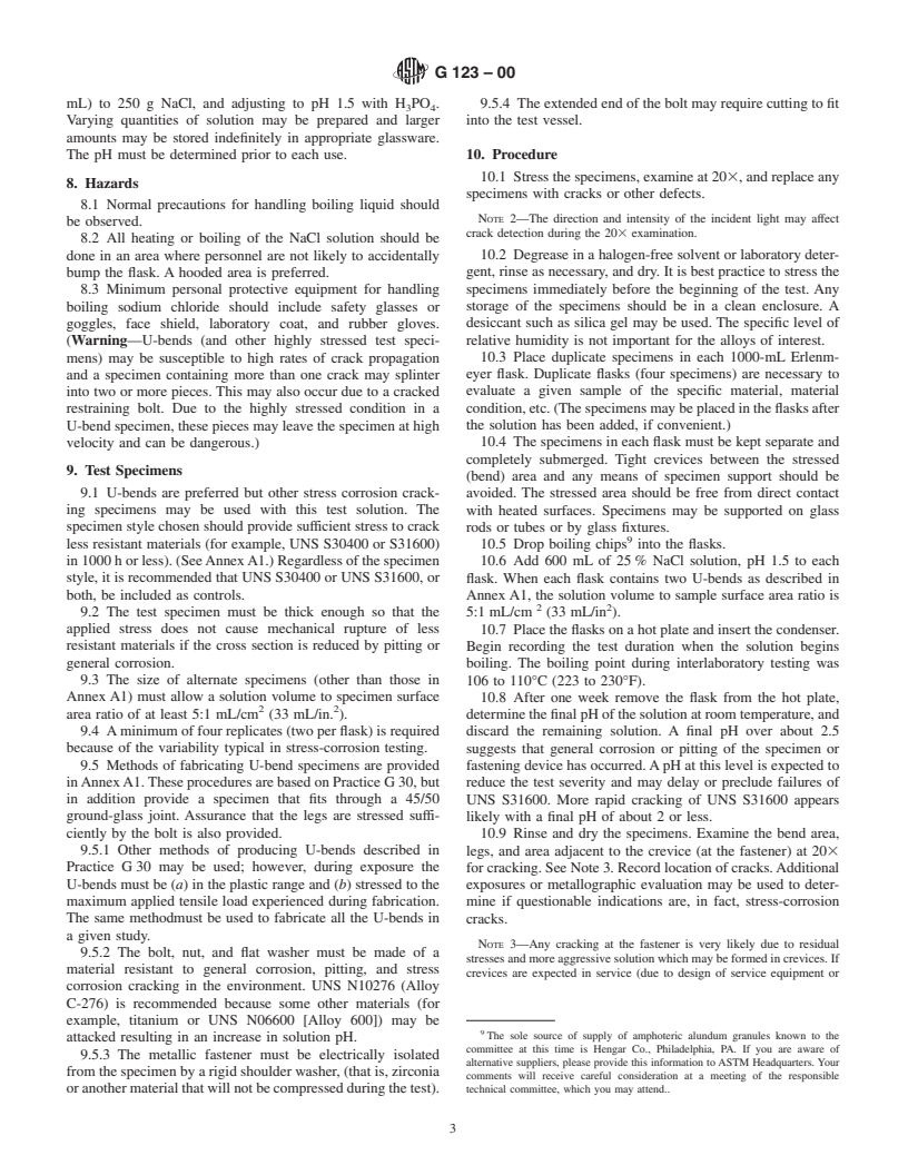 ASTM G123-00 - Standard Test Method for Evaluating Stress-Corrosion Cracking of Stainless Alloys with Different Nickel Content in Boiling Acidified Sodium Chloride Solution