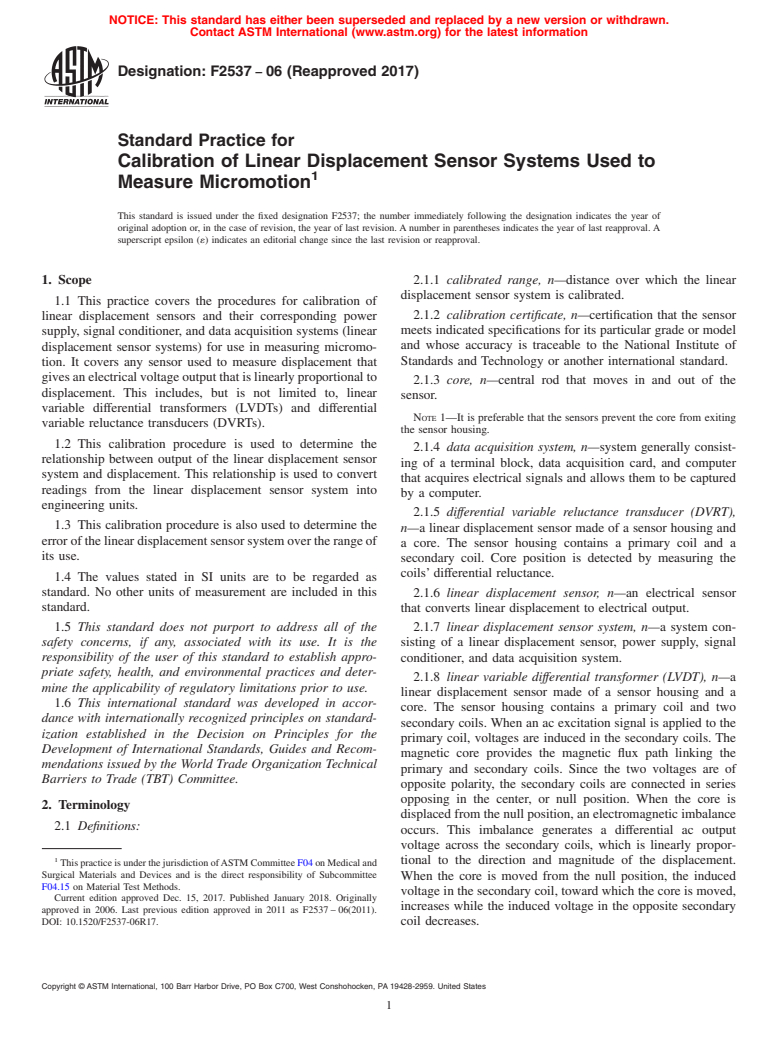 ASTM F2537-06(2017) - Standard Practice for  Calibration of Linear Displacement Sensor Systems Used to Measure  Micromotion