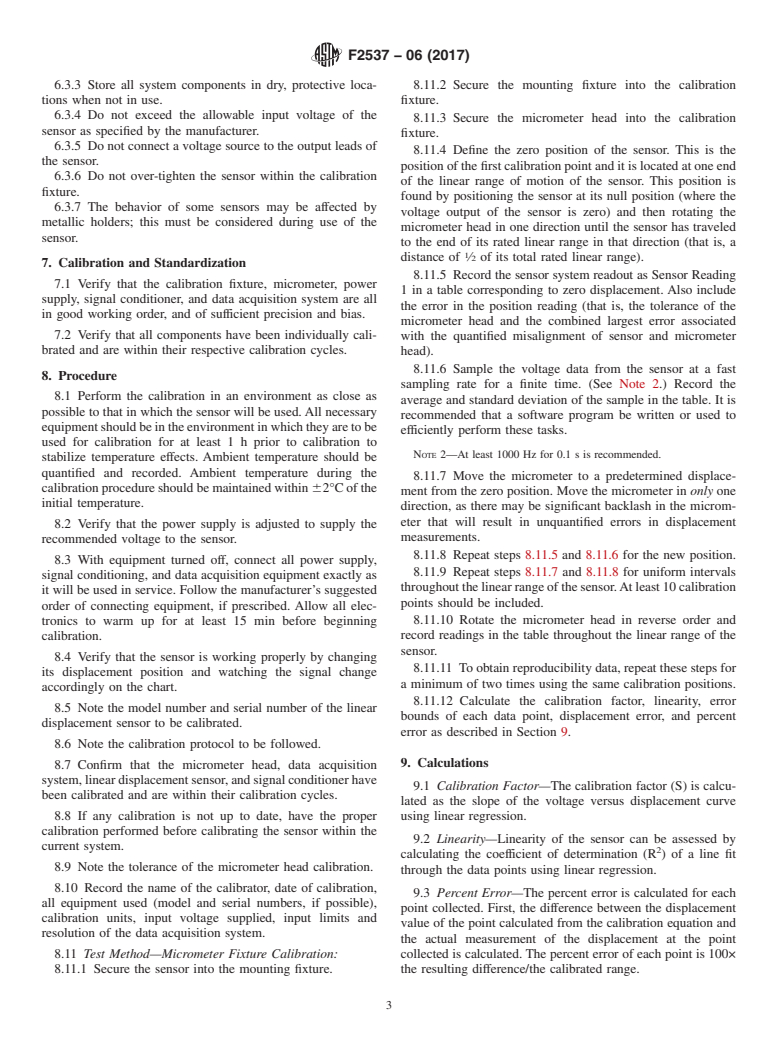 ASTM F2537-06(2017) - Standard Practice for  Calibration of Linear Displacement Sensor Systems Used to Measure  Micromotion