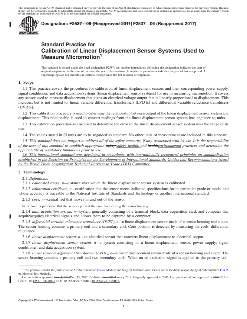 REDLINE ASTM F2537-06(2017) - Standard Practice for  Calibration of Linear Displacement Sensor Systems Used to Measure  Micromotion