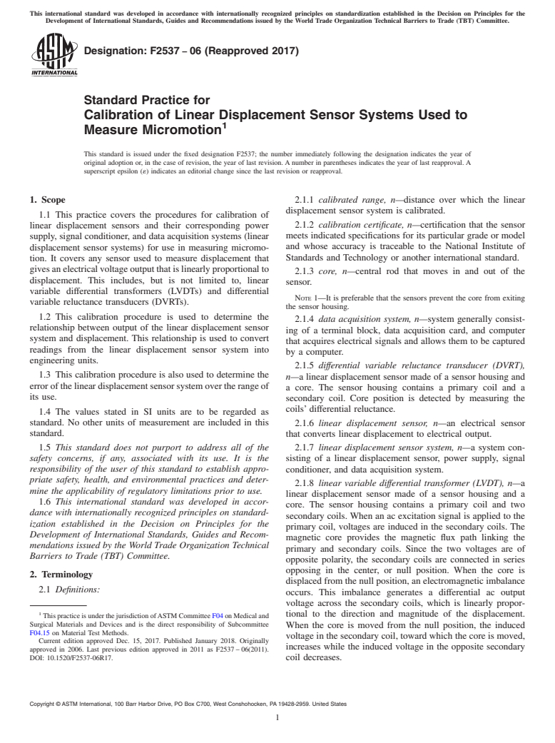 ASTM F2537-06(2017) - Standard Practice for  Calibration of Linear Displacement Sensor Systems Used to Measure  Micromotion