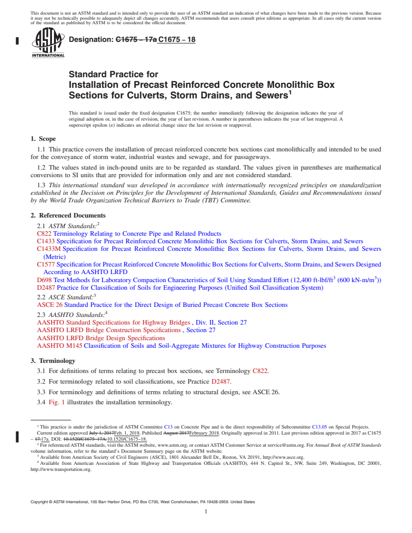 REDLINE ASTM C1675-18 - Standard Practice for  Installation of Precast Reinforced Concrete Monolithic Box   Sections for Culverts, Storm Drains, and Sewers