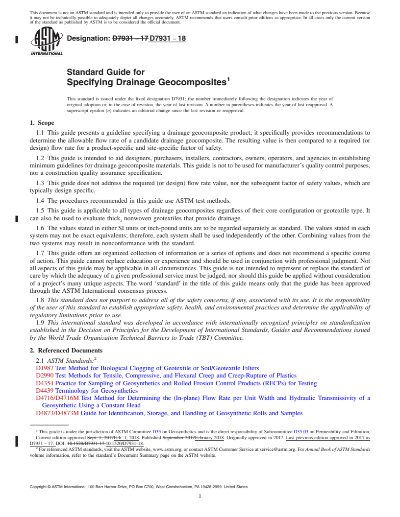 REDLINE ASTM D7931-18 - Standard Guide for Specifying Drainage Geocomposites