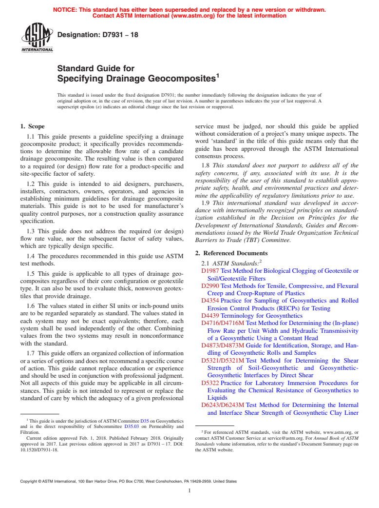 ASTM D7931-18 - Standard Guide for Specifying Drainage Geocomposites