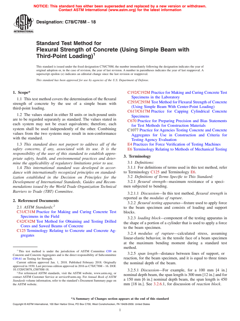 ASTM C78/C78M-18 - Standard Test Method for  Flexural Strength of Concrete (Using Simple Beam with Third-Point  Loading)