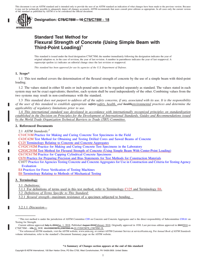 REDLINE ASTM C78/C78M-18 - Standard Test Method for  Flexural Strength of Concrete (Using Simple Beam with Third-Point  Loading)