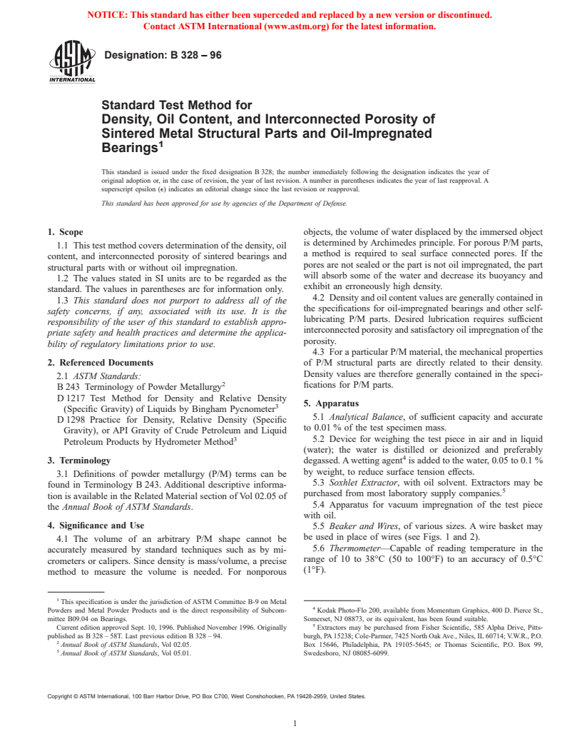 ASTM B328-96 - Standard Test Method for Density, Oil Content, and Interconnected Porosity of Sintered Metal Structural Parts and Oil-Impregnated Bearings