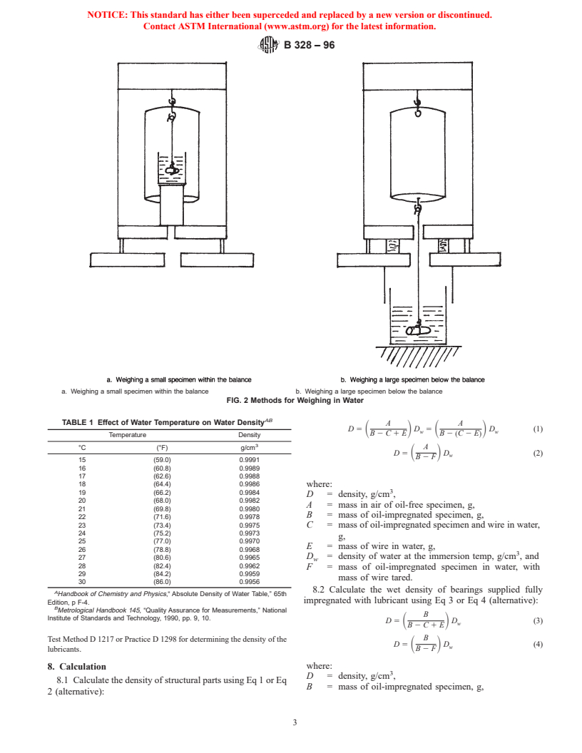 ASTM B328-96 - Standard Test Method for Density, Oil Content, and Interconnected Porosity of Sintered Metal Structural Parts and Oil-Impregnated Bearings