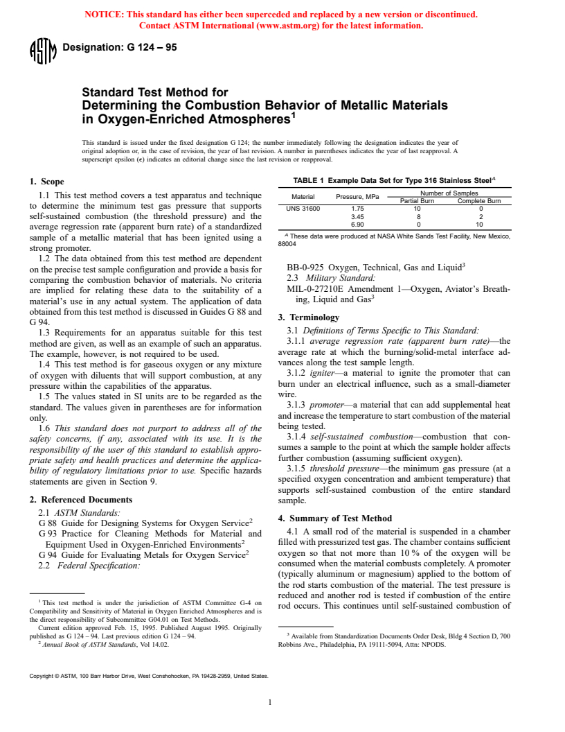 ASTM G124-95 - Standard Test Method for Determining the Combustion Behavior of Metallic Materials in Oxygen-Enriched Atmospheres