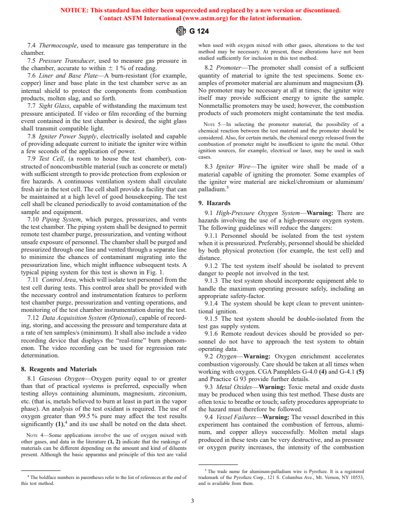 ASTM G124-95 - Standard Test Method for Determining the Combustion Behavior of Metallic Materials in Oxygen-Enriched Atmospheres