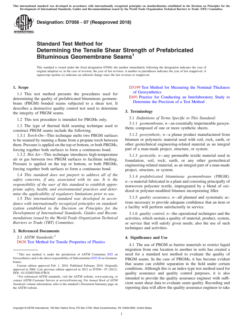 ASTM D7056-07(2018) - Standard Test Method for  Determining the Tensile Shear Strength of Prefabricated Bituminous  Geomembrane Seams