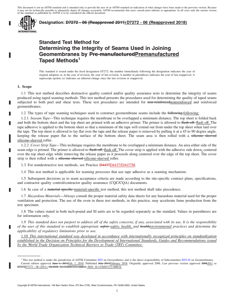 REDLINE ASTM D7272-06(2018) - Standard Test Method for  Determining the Integrity of Seams Used in Joining Geomembranes   by Premanufactured Taped Methods