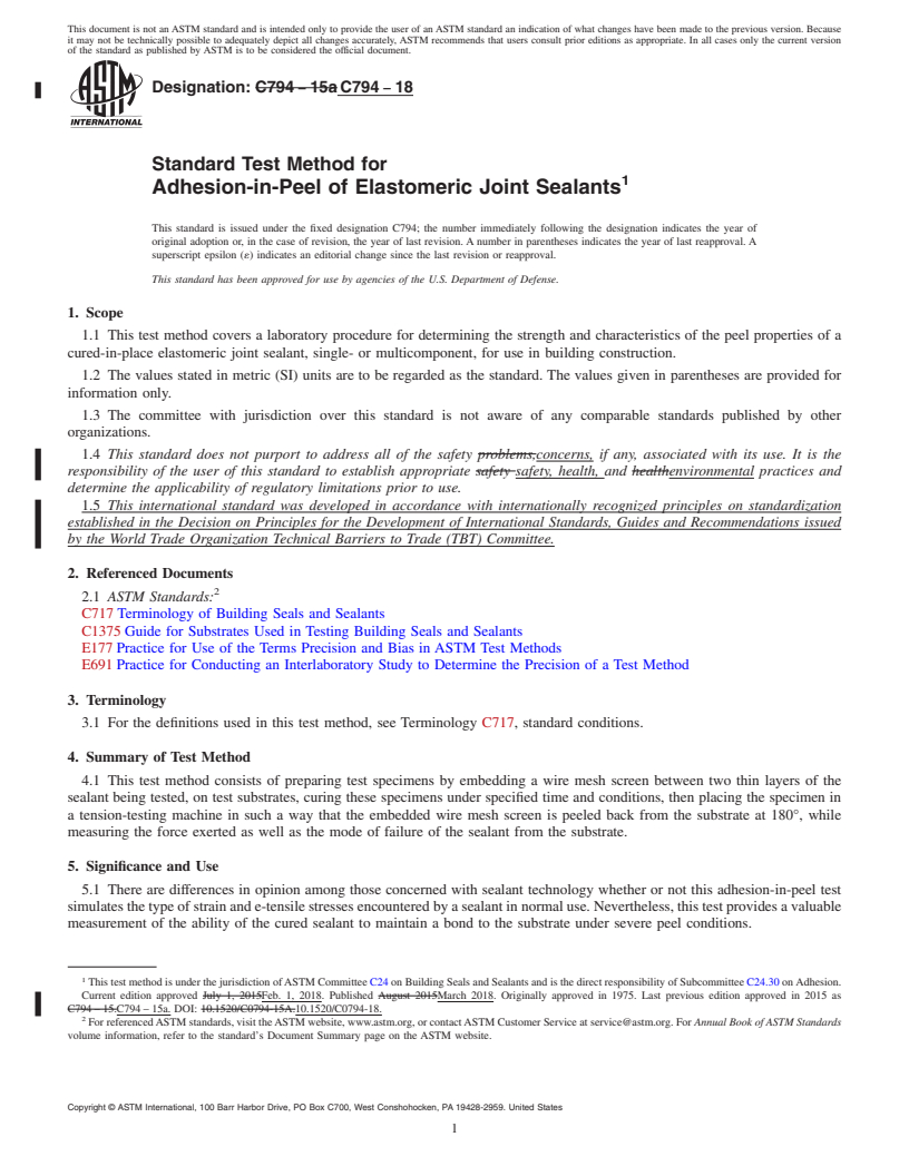 REDLINE ASTM C794-18 - Standard Test Method for  Adhesion-in-Peel of Elastomeric Joint Sealants