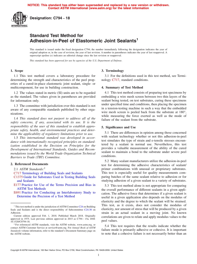 ASTM C794-18 - Standard Test Method for  Adhesion-in-Peel of Elastomeric Joint Sealants