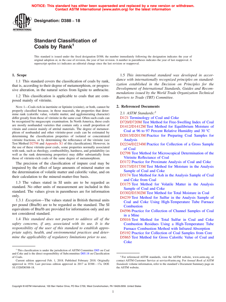 ASTM D388-18 - Standard Classification of  Coals by Rank