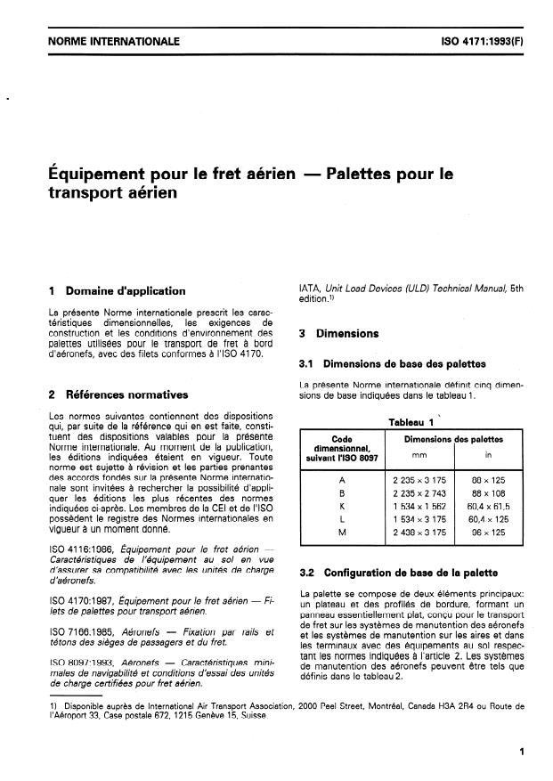 ISO 4171:1993 - Équipement pour le fret aérien -- Palettes pour le transport aérien
