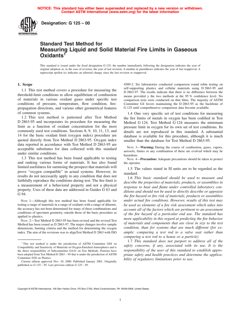 ASTM G125-00 - Standard Test Method for Measuring Liquid and Solid Material Fire Limits in Gaseous Oxidants