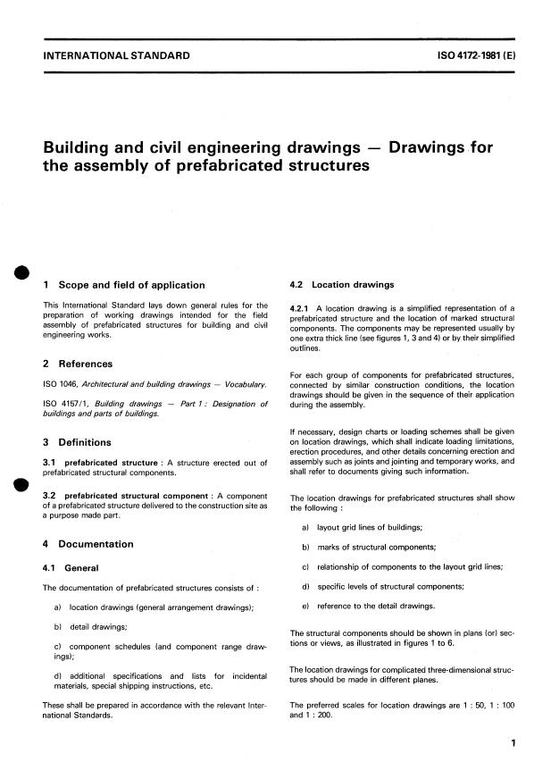 ISO 4172:1981 - Building and civil engineering drawings -- Drawings for the assembly of prefabricated structures