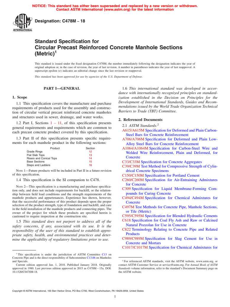 ASTM C478M-18 - Standard Specification for Circular Precast Reinforced Concrete Manhole Sections (Metric)