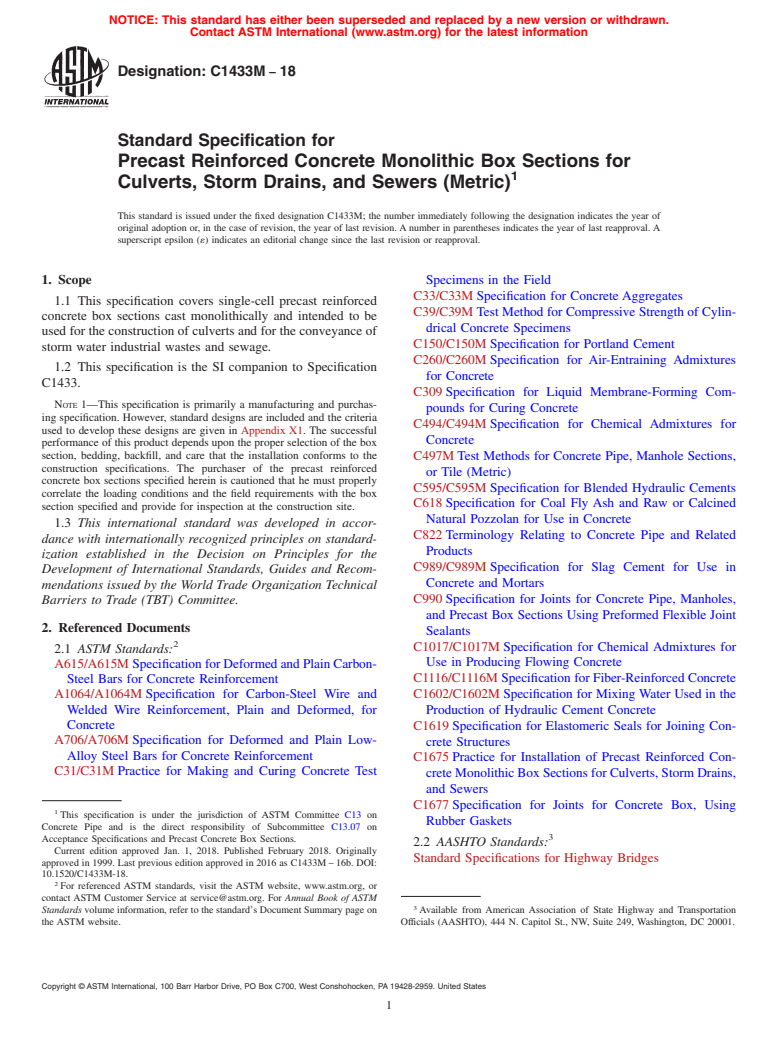 ASTM C1433M-18 - Standard Specification for  Precast Reinforced Concrete Monolithic Box Sections for Culverts,  Storm Drains, and Sewers (Metric)