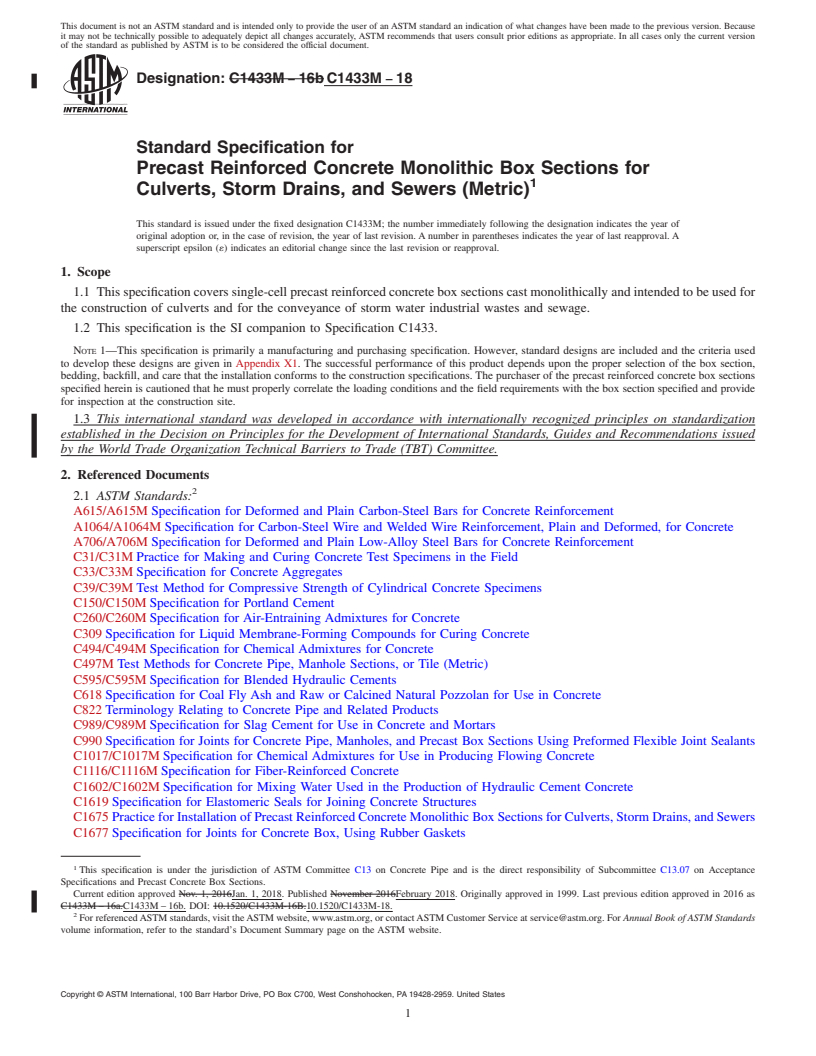 REDLINE ASTM C1433M-18 - Standard Specification for  Precast Reinforced Concrete Monolithic Box Sections for Culverts,  Storm Drains, and Sewers (Metric)