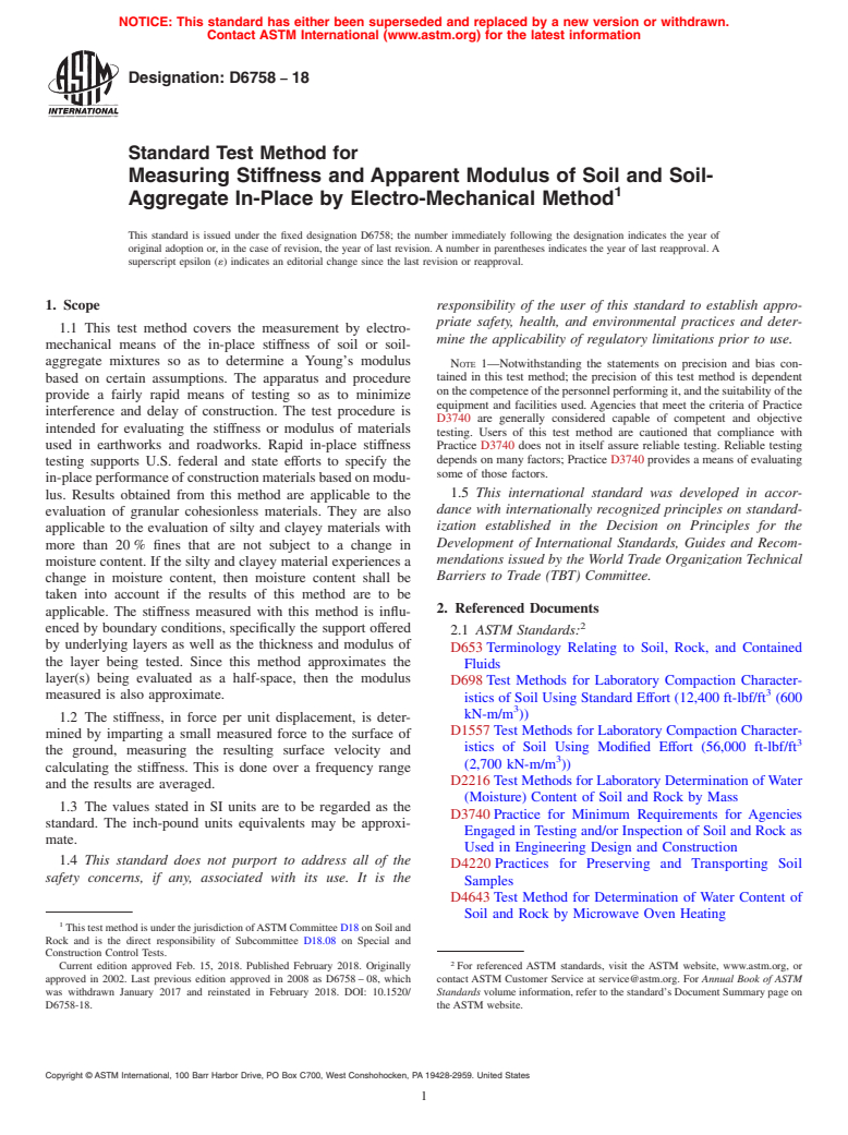 ASTM D6758-18 - Standard Test Method for Measuring Stiffness and Apparent Modulus of Soil and Soil-Aggregate  In-Place by Electro-Mechanical Method