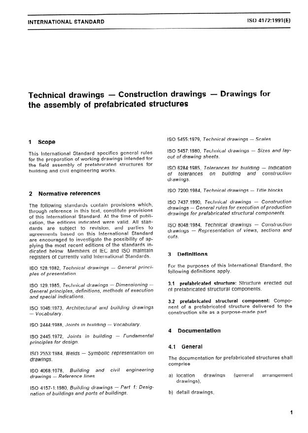 ISO 4172:1991 - Technical drawings -- Construction drawings -- Drawings for the assembly of prefabricated structures