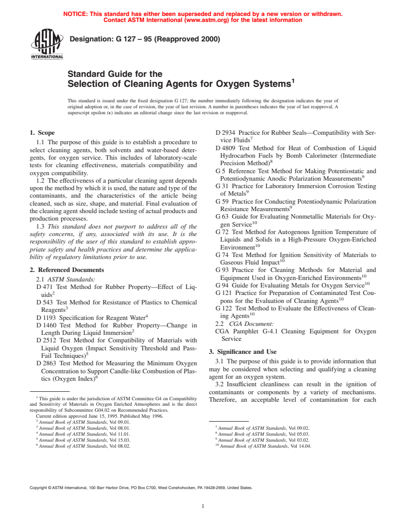 ASTM G127-95(2000) - Standard Guide for the Selection of Cleaning Agents for Oxygen Systems