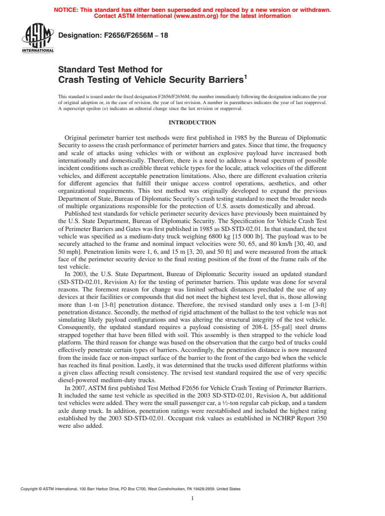 ASTM F2656/F2656M-18 - Standard Test Method for  Crash Testing of Vehicle Security Barriers