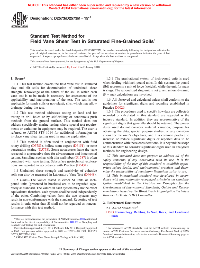 ASTM D2573/D2573M-15e1 - Standard Test Method for  Field Vane Shear Test in Saturated Fine-Grained Soils