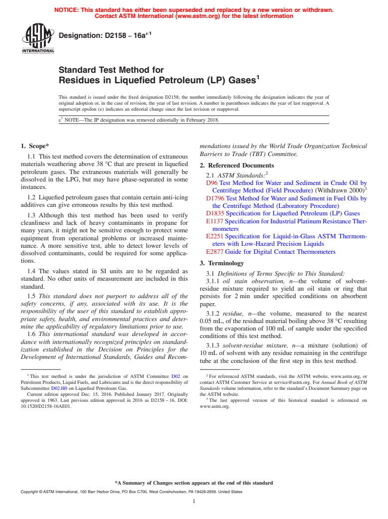 ASTM D2158-16ae1 - Standard Test Method for  Residues in Liquefied Petroleum (LP) Gases