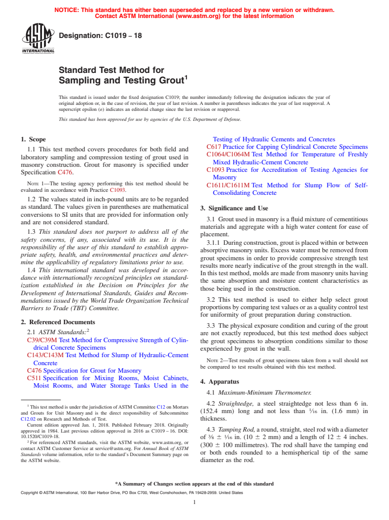 ASTM C1019-18 - Standard Test Method for Sampling and Testing Grout