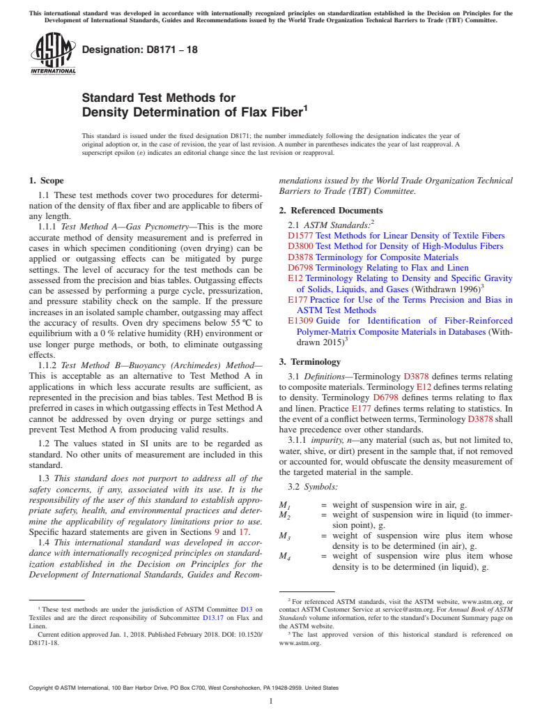 ASTM D8171-18 - Standard Test Methods for Density Determination of Flax Fiber