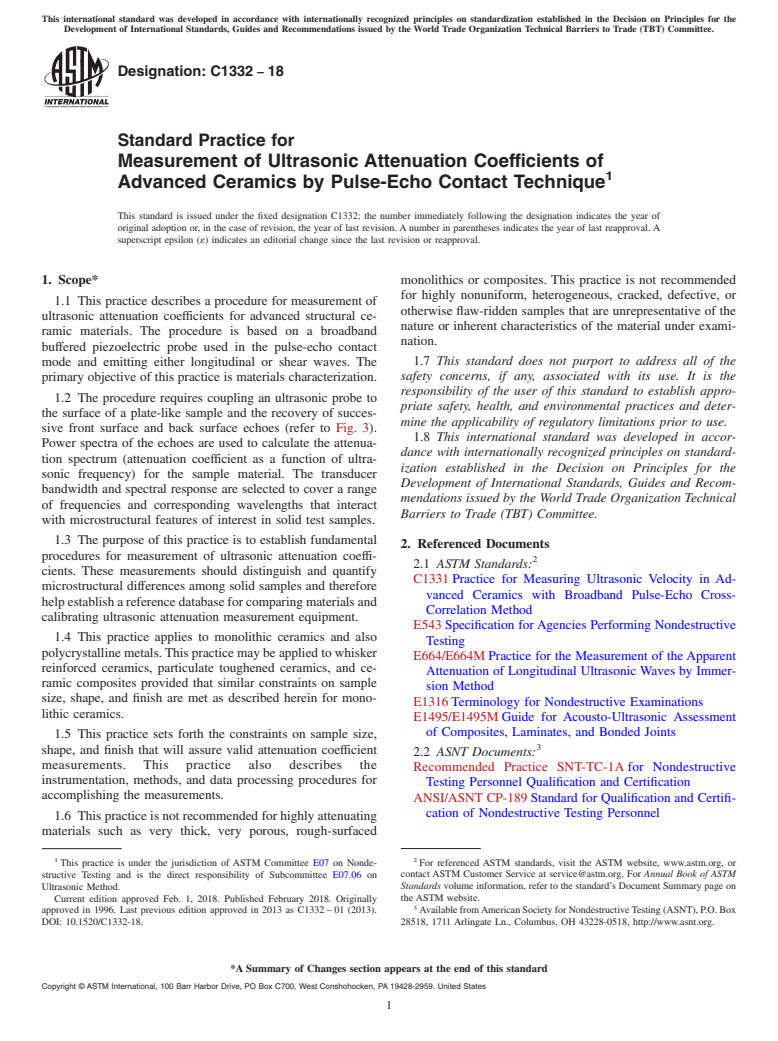 ASTM C1332-18 - Standard Practice for Measurement of Ultrasonic Attenuation Coefficients of Advanced   Ceramics by Pulse-Echo Contact Technique