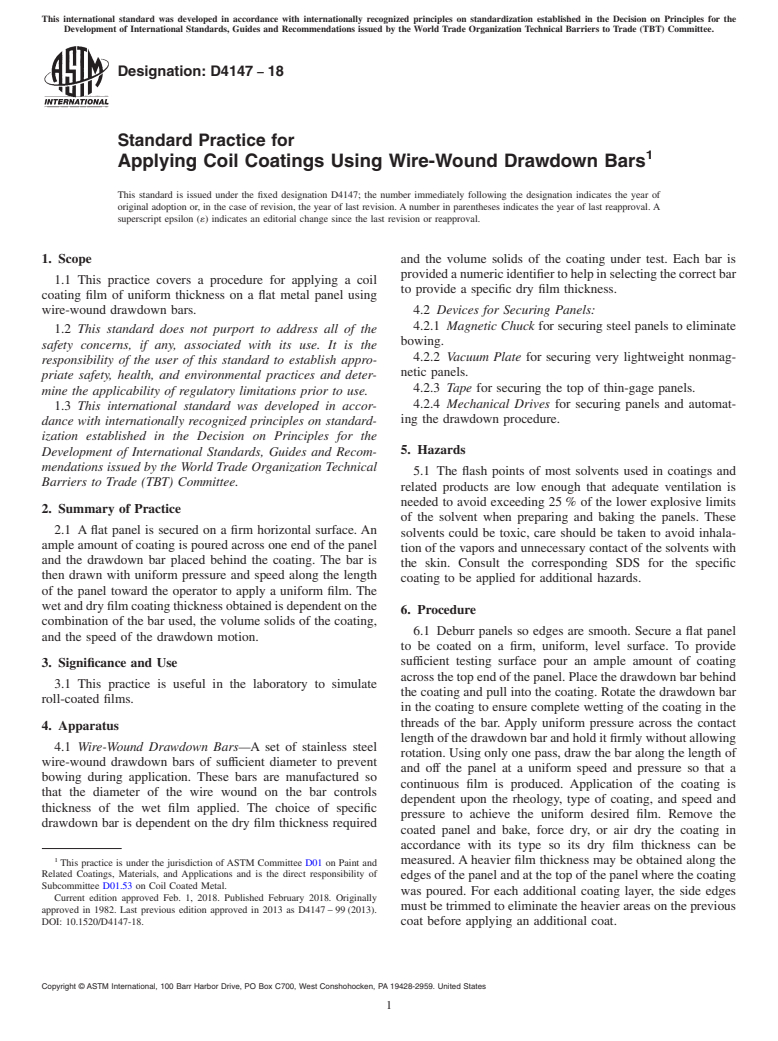 ASTM D4147-18 - Standard Practice for Applying Coil Coatings Using Wire-Wound Drawdown Bars