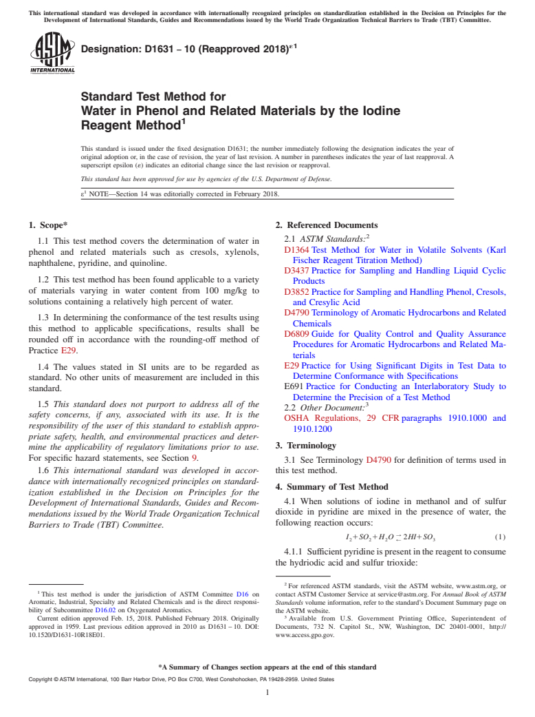 ASTM D1631-10(2018)e1 - Standard Test Method for Water in Phenol and Related Materials by the Iodine Reagent   Method