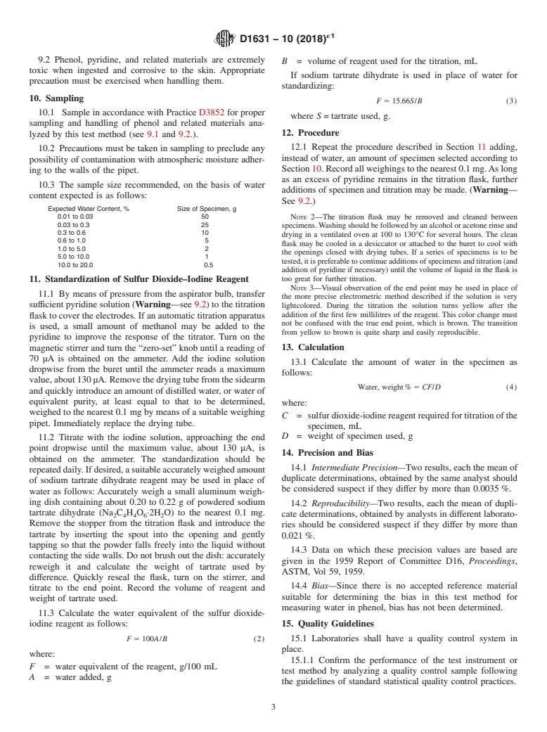 ASTM D1631-10(2018)e1 - Standard Test Method for Water in Phenol and Related Materials by the Iodine Reagent   Method