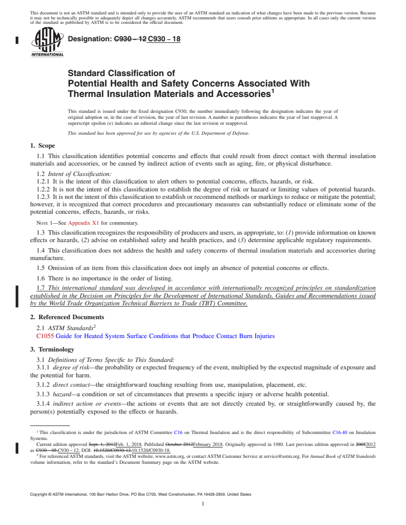 REDLINE ASTM C930-18 - Standard Classification of  Potential Health and Safety Concerns Associated With Thermal  Insulation Materials and Accessories