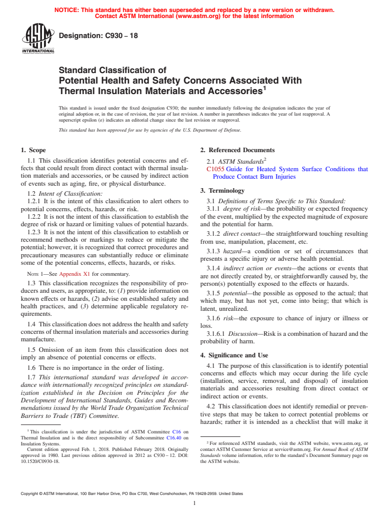 ASTM C930-18 - Standard Classification of  Potential Health and Safety Concerns Associated With Thermal  Insulation Materials and Accessories