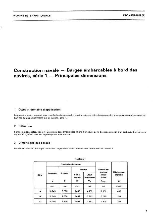 ISO 4175:1979 - Construction navale -- Barges embarcables a bord des navires, série 1 -- Principales dimensions