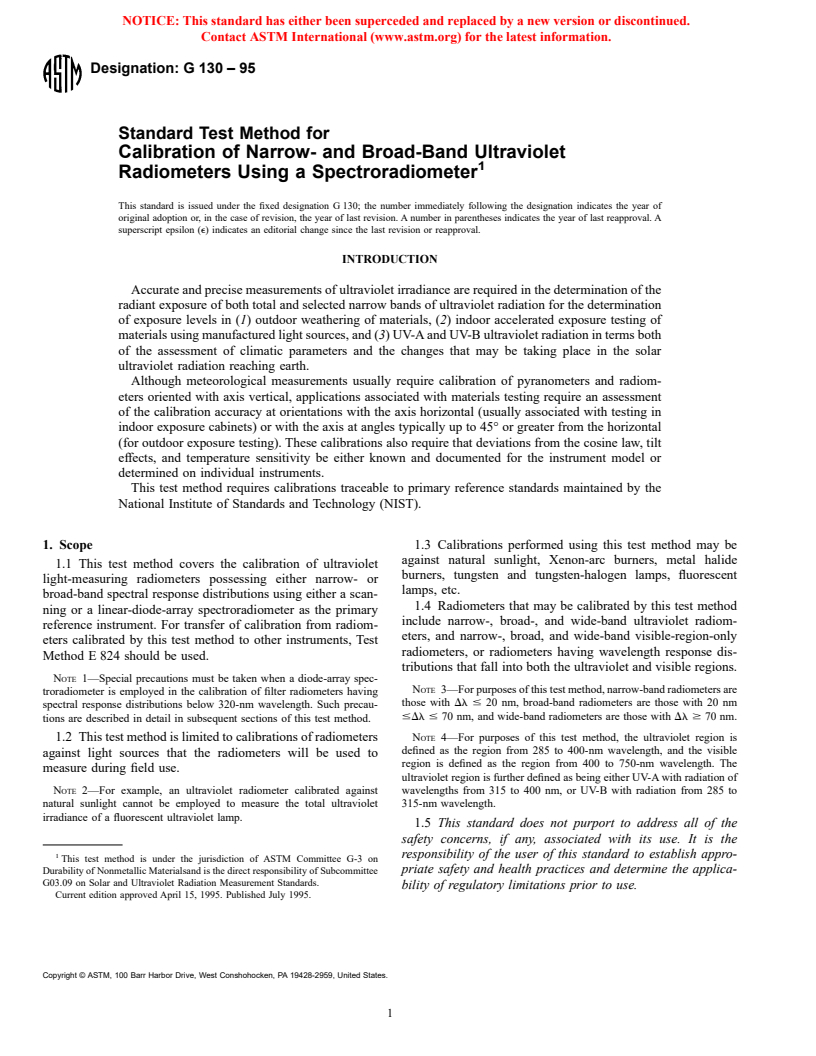 ASTM G130-95 - Standard Test Method for Calibration of Narrow- and Broad-Band Ultraviolet Radiometers Using a Spectroradiometer