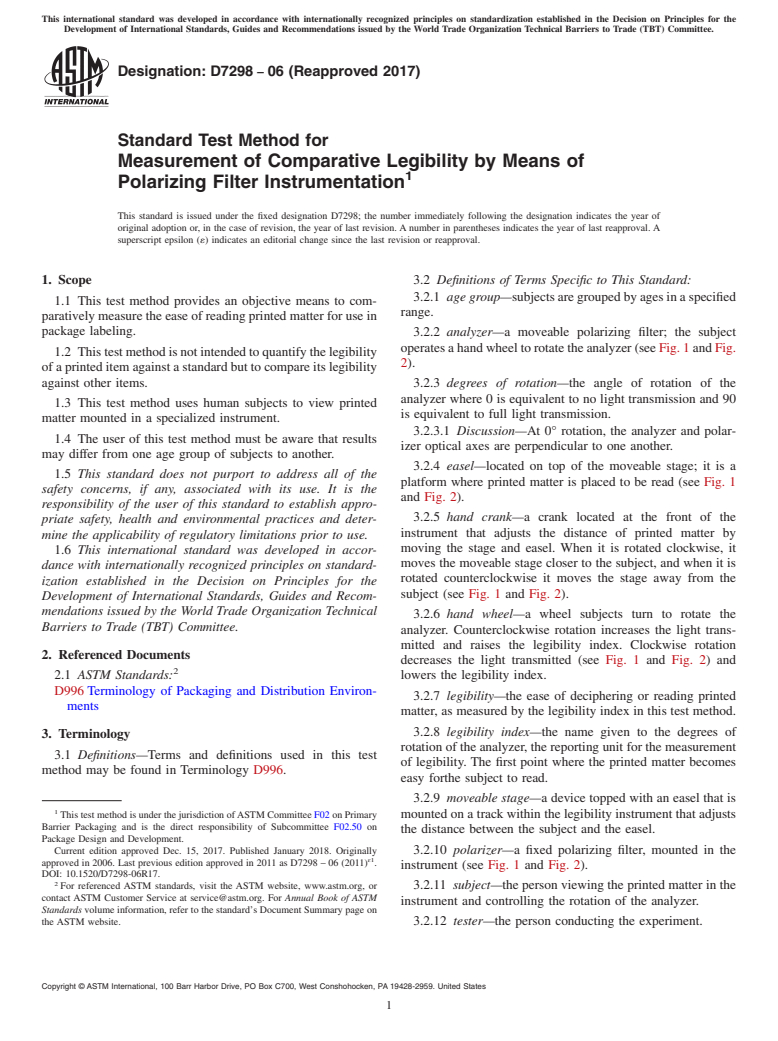 ASTM D7298-06(2017) - Standard Test Method for  Measurement of Comparative Legibility by Means of Polarizing    Filter Instrumentation