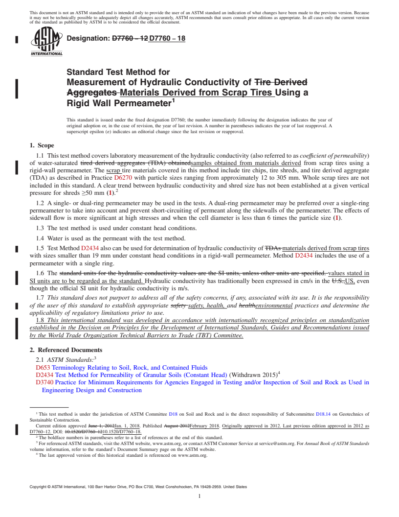 REDLINE ASTM D7760-18 - Standard Test Method for Measurement of Hydraulic Conductivity of Materials Derived  from Scrap Tires Using a Rigid Wall Permeameter