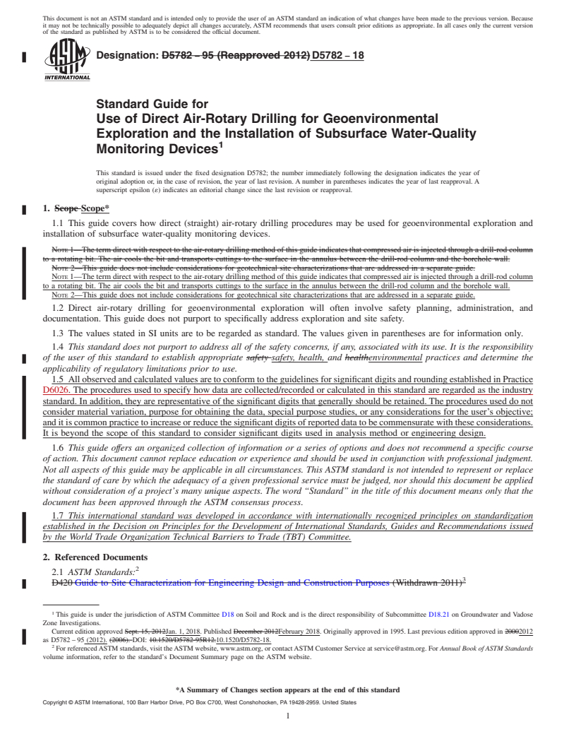 REDLINE ASTM D5782-18 - Standard Guide for  Use of Direct Air-Rotary Drilling for Geoenvironmental Exploration  and the Installation of Subsurface Water-Quality Monitoring Devices