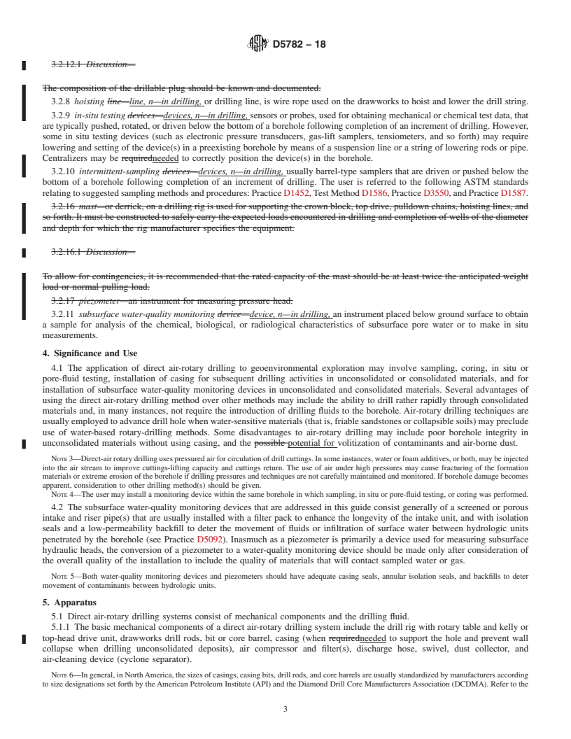 REDLINE ASTM D5782-18 - Standard Guide for  Use of Direct Air-Rotary Drilling for Geoenvironmental Exploration  and the Installation of Subsurface Water-Quality Monitoring Devices