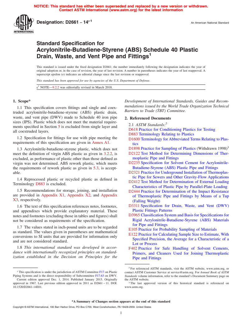 ASTM D2661-14e1 - Standard Specification for  Acrylonitrile-Butadiene-Styrene (ABS) Schedule 40 Plastic Drain,  Waste, and Vent Pipe and Fittings