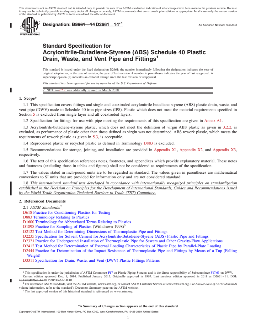 REDLINE ASTM D2661-14e1 - Standard Specification for  Acrylonitrile-Butadiene-Styrene (ABS) Schedule 40 Plastic Drain,  Waste, and Vent Pipe and Fittings