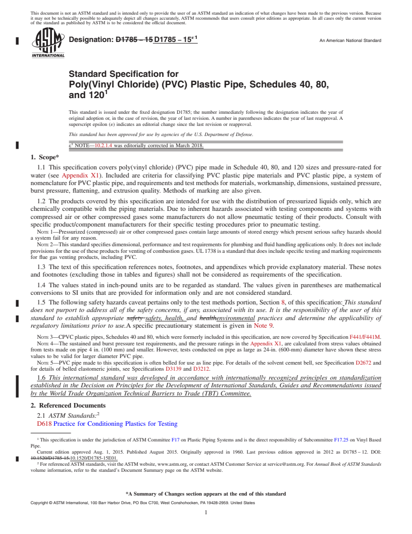 REDLINE ASTM D1785-15e1 - Standard Specification for  Poly(Vinyl Chloride) (PVC) Plastic Pipe, Schedules 40, 80,   and 120