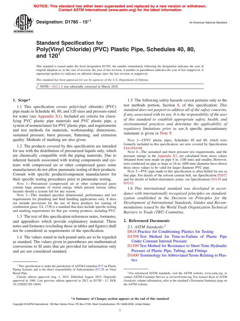ASTM D1785-15e1 - Standard Specification for  Poly(Vinyl Chloride) (PVC) Plastic Pipe, Schedules 40, 80,   and 120
